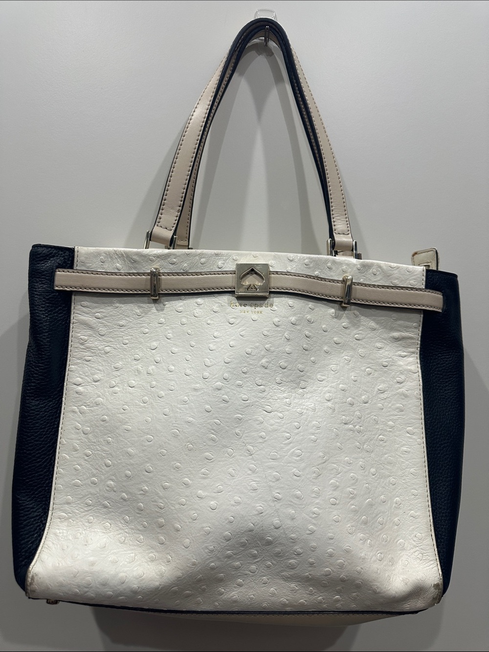 kate spade White and Black Textured Tote with Neutral Trim